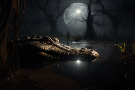 Crocodile in the swamp at night. 3D renderingの素材