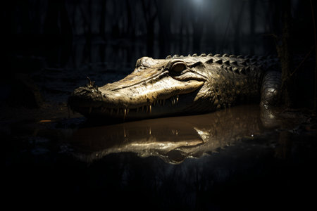 Crocodile in the dark forest. 3D rendering.の素材
