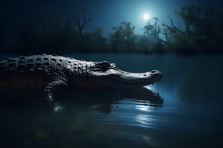 Crocodile in the swamp at night. 3d renderの素材