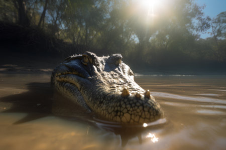 Crocodile in the water at sunset. Crocodile portrait.の素材