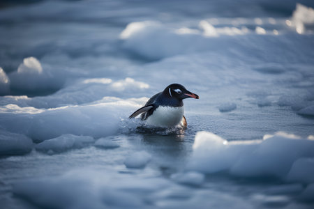 Gentoo penguin (Pygoscelis papua) swimming on ice floeの素材