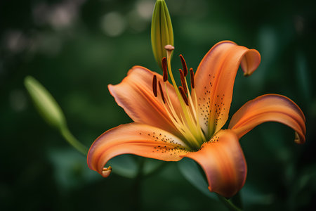 Beautiful orange lily flower on a green background. Close-up.の素材