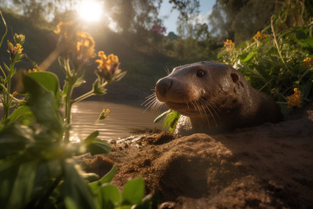Otter in the sand on the river bank at sunset.の素材