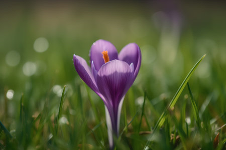 purple crocus flower close up in the grass, shallow depth of fieldの素材