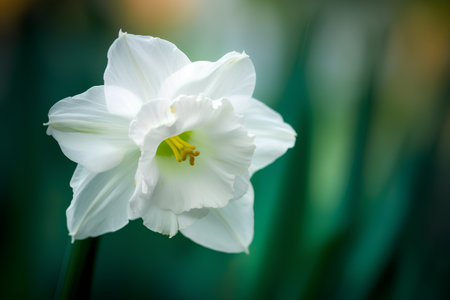 White daffodil flower on green background, shallow depth of fieldの素材