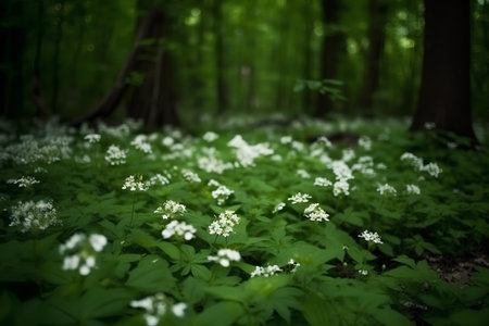 Beautiful spring forest with white flowers and green leaves, selective focusの素材