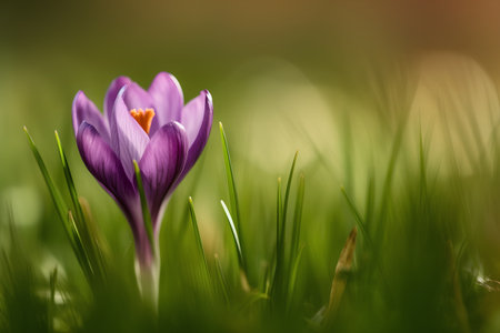 Purple crocus flower in the grass with bokeh backgroundの素材