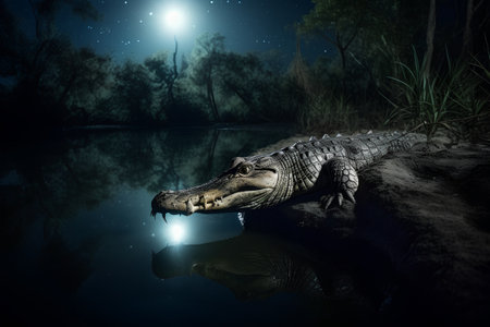 Crocodile in the swamp at night, 3d renderの素材