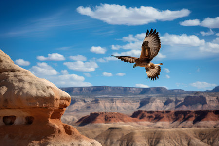Bird flying over the rocks of Canyonlands National Park, Utah, USAの素材