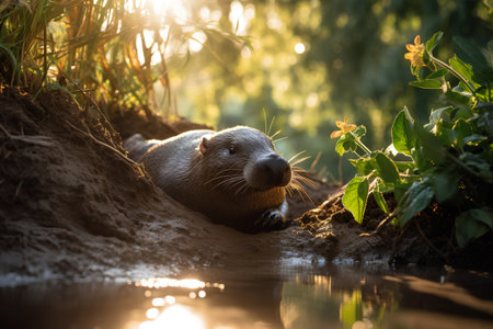 Otter in the river at sunset. Animal in nature.の素材