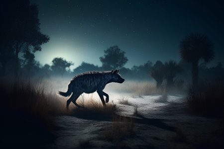 Spotted hyena running in the forest at night. 3d renderingの素材