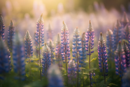 Lupine flowers in the field at sunset. Nature background.の素材