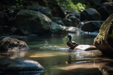 Mallard duck on the rock in the lake. Shallow depth of field.の素材