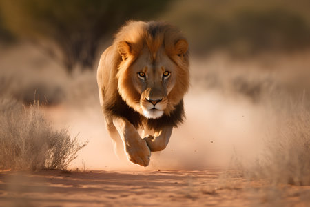 Lion running in the Kalahari desert, South Africa.の素材