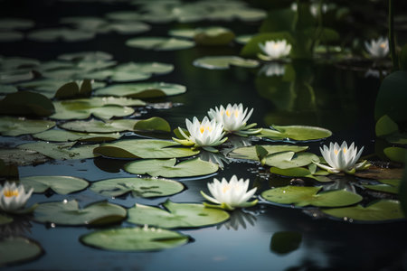 White water lily on the lake with green leaves and white flowersの素材