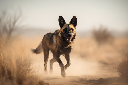 Portrait of a wild dog running in the meadow at sunsetの素材