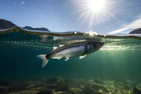Underwater view of a rainbow trout fish swimming in the ocean.の素材