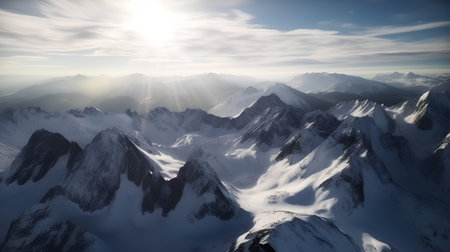 Beautiful winter landscape with snow-capped mountains and sun rayの素材