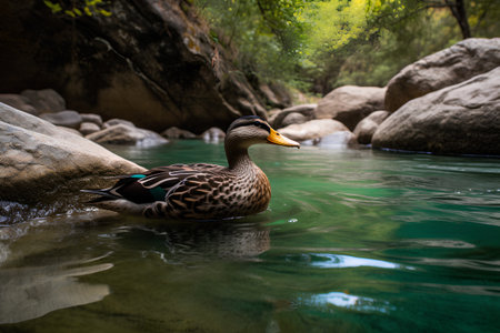 Mallard duck swimming on the river in the forest. Wild nature.の素材