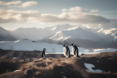 Penguins on the beach in the mountains. 3d renderingの素材