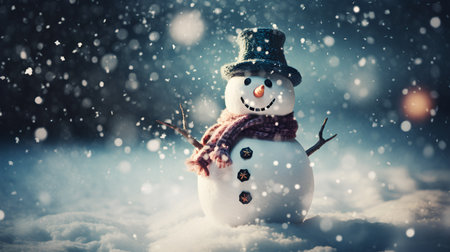 Snowman with scarf and hat on snowy background. Christmas card.の素材