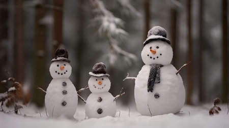Funny snowman family in winter forest. Christmas and New Year concept.の素材