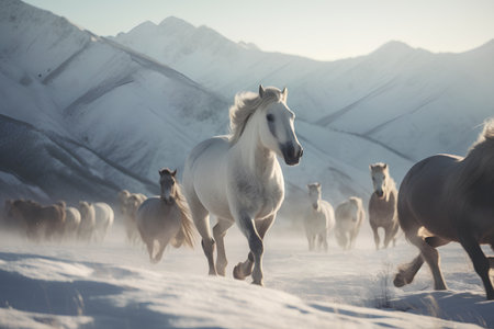 Herd of horses walking in the snow in the mountains in winterの素材