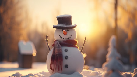 Snowman in the forest at sunset. Christmas and New Year background.の素材