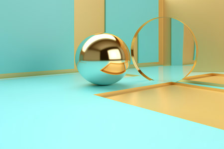 3d render of abstract composition. Minimal geometric background. Glossy golden egg on the floor.の素材