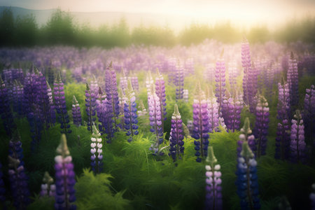 Beautiful lupine field in the sunset. Colorful spring background.の素材