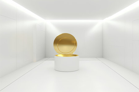 3d render of empty room with golden toilet bowl on white wallの素材