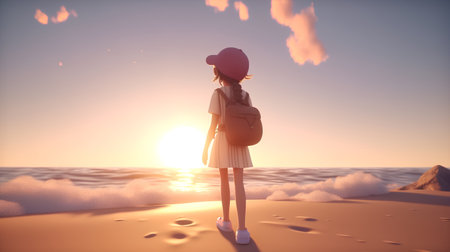 3d illustration of a girl with a backpack on the beach at sunsetの素材