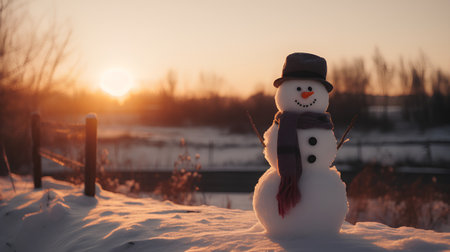 Snowman in hat and scarf at sunset. Christmas, New Year and winter concept.の素材