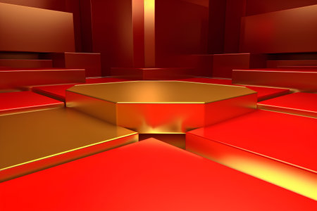 3d rendering of abstract geometric forms. Glossy red and golden podiums. Futuristic background for your design.の素材