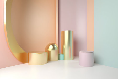 3d render, abstract geometric forms, pastel colors, podium for product presentation.の素材