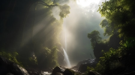 Tropical rainforest waterfall with mist and sunbeams.の素材