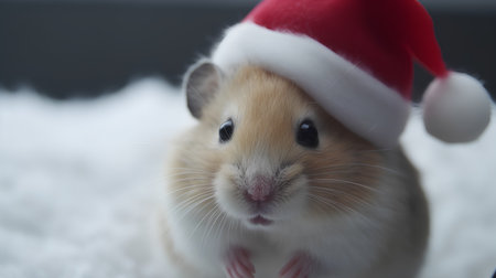 Hamster in a Santa Claus hat on a white fur background.の素材