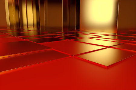 Abstract background with golden and red cubes. 3d render illustration.の素材
