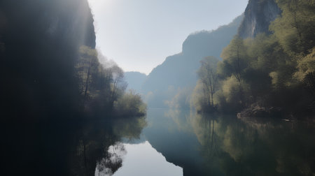 Beautiful view of the river and forest in foggy morning.の素材