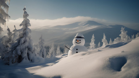 Snowman in the mountains. Winter landscape. Christmas background. Happy New Year.の素材