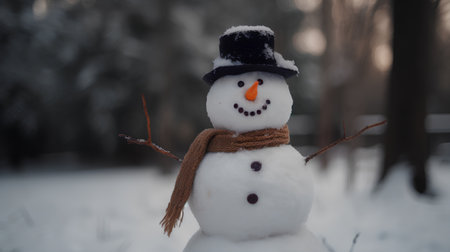 Snowman with hat and scarf in winter forest. Christmas and New Year concept.の素材