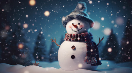 Snowman in winter forest. Christmas and New Year holidays background.の素材