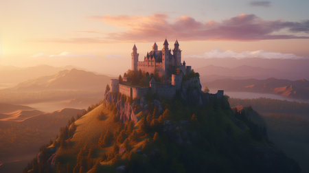 Magic castle on the hill at sunrise. Fantasy landscape. 3d renderingの素材