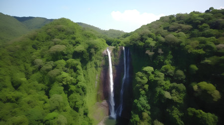 aerial view of a waterfall in the middle of a green forestの素材
