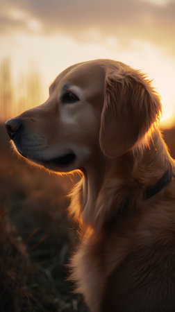 Portrait of a golden retriever dog on a sunset background.の素材