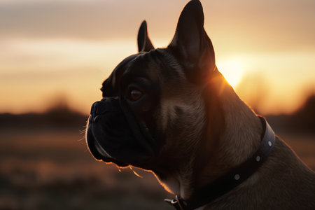 Portrait of a purebred French Bulldog dog in the sunsetの素材