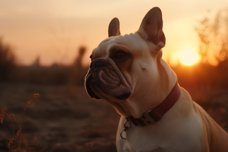 French bulldog portrait at sunset in the field, shallow DOFの素材
