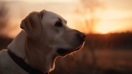 yellow labrador retriever dog at sunset in the field, portraitの素材