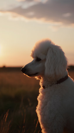 Portrait of a white poodle standing in a field at sunsetの素材