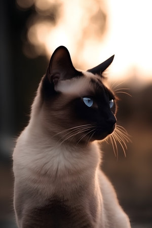 Siamese cat with blue eyes looking at camera on sunset backgroundの素材